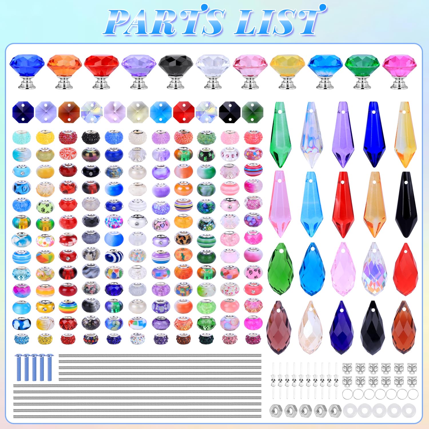AIPRIDY contents laid out with beads, toppers, rods for quick overview