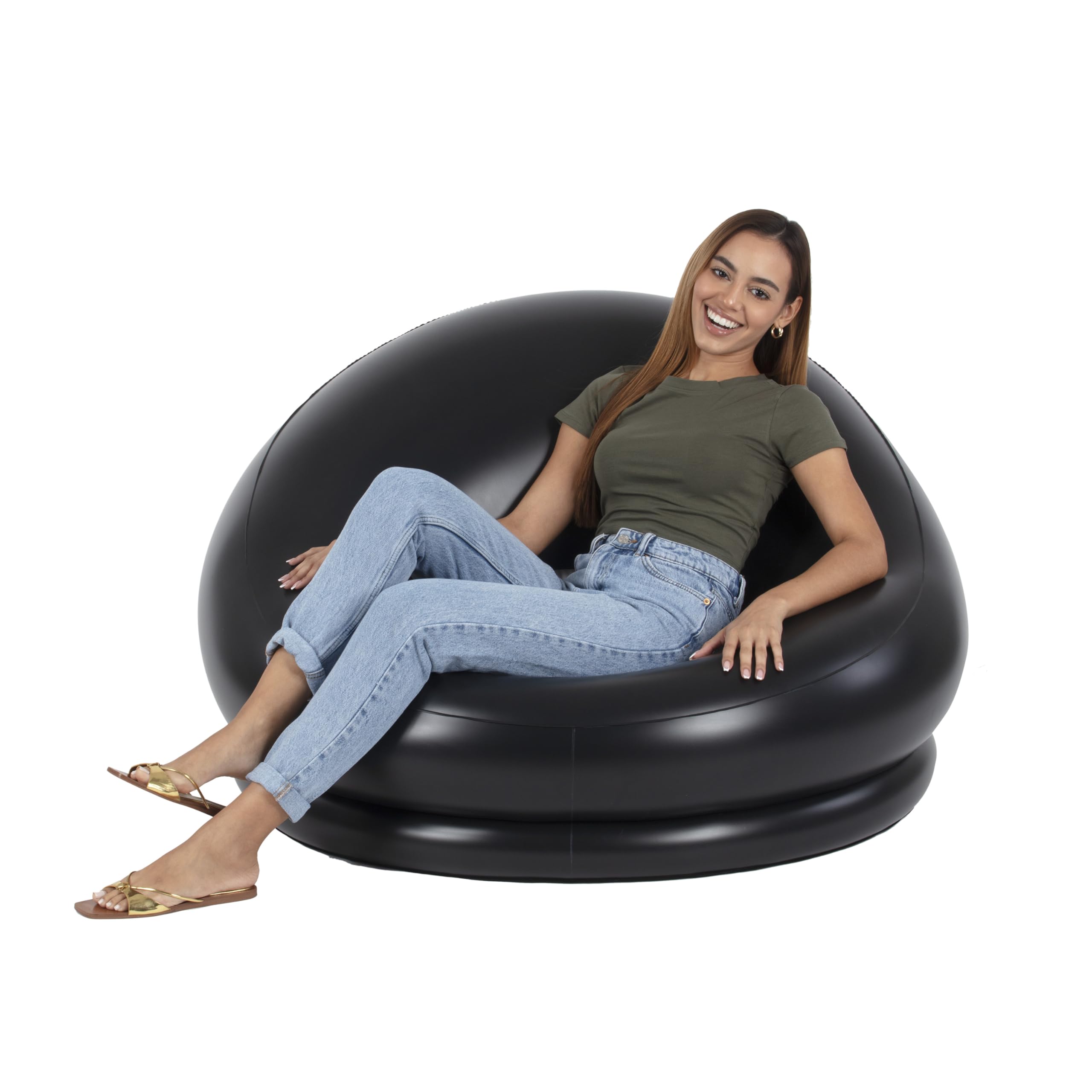 Air Candy chair next to person for scale showing size and weight capacity
