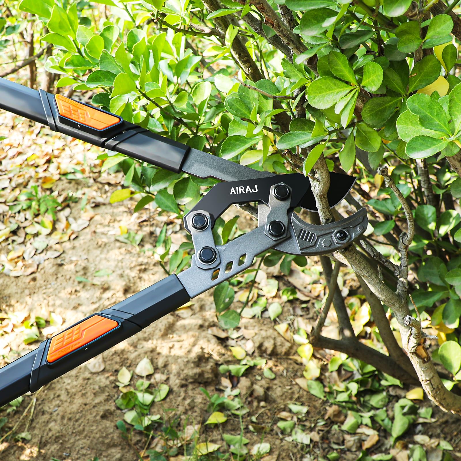 AIRAJ gardener using loppers in a yard for easier trimming and reduced ladder needs