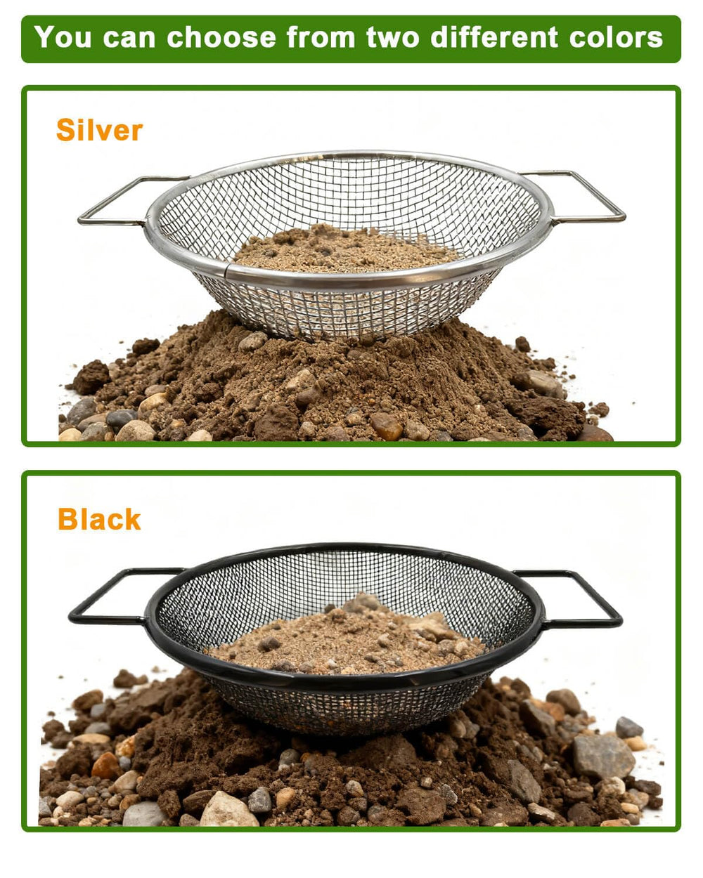 AireKouzia sifter in use with gardener shaking to speed soil screening and reduce strain