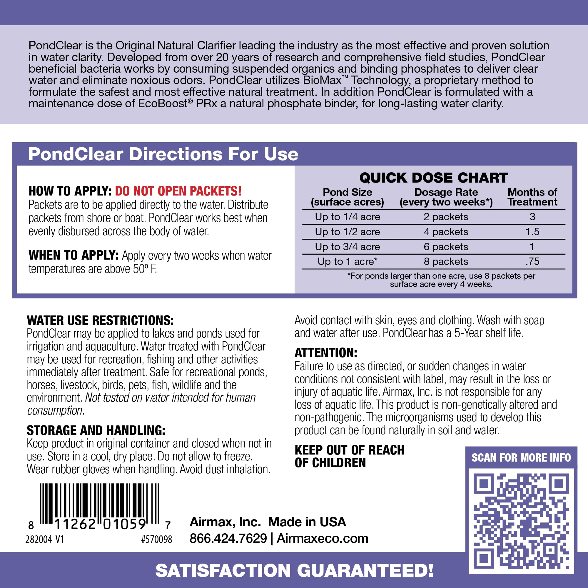 Airmax close-up of a PondClear packet highlighting soluble film and dosage convenience