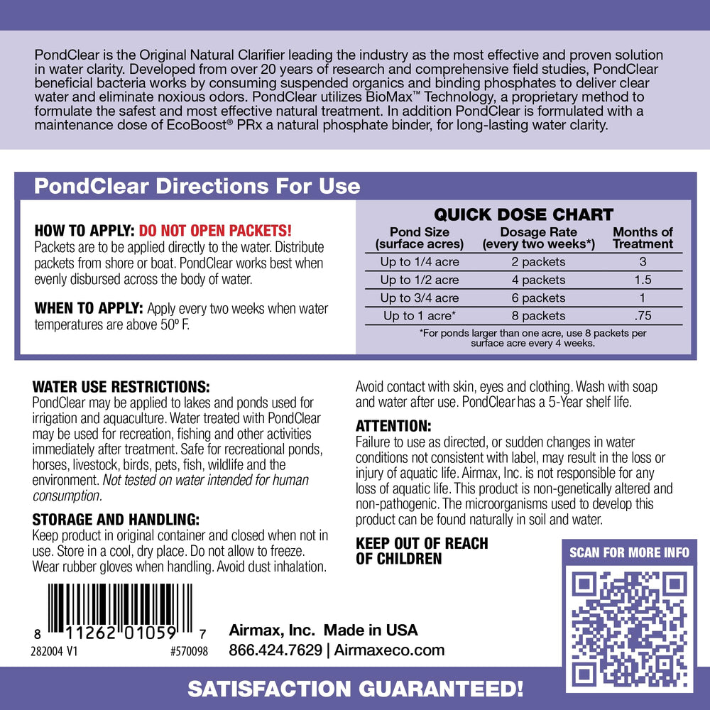 Airmax close-up of a PondClear packet highlighting soluble film and dosage convenience