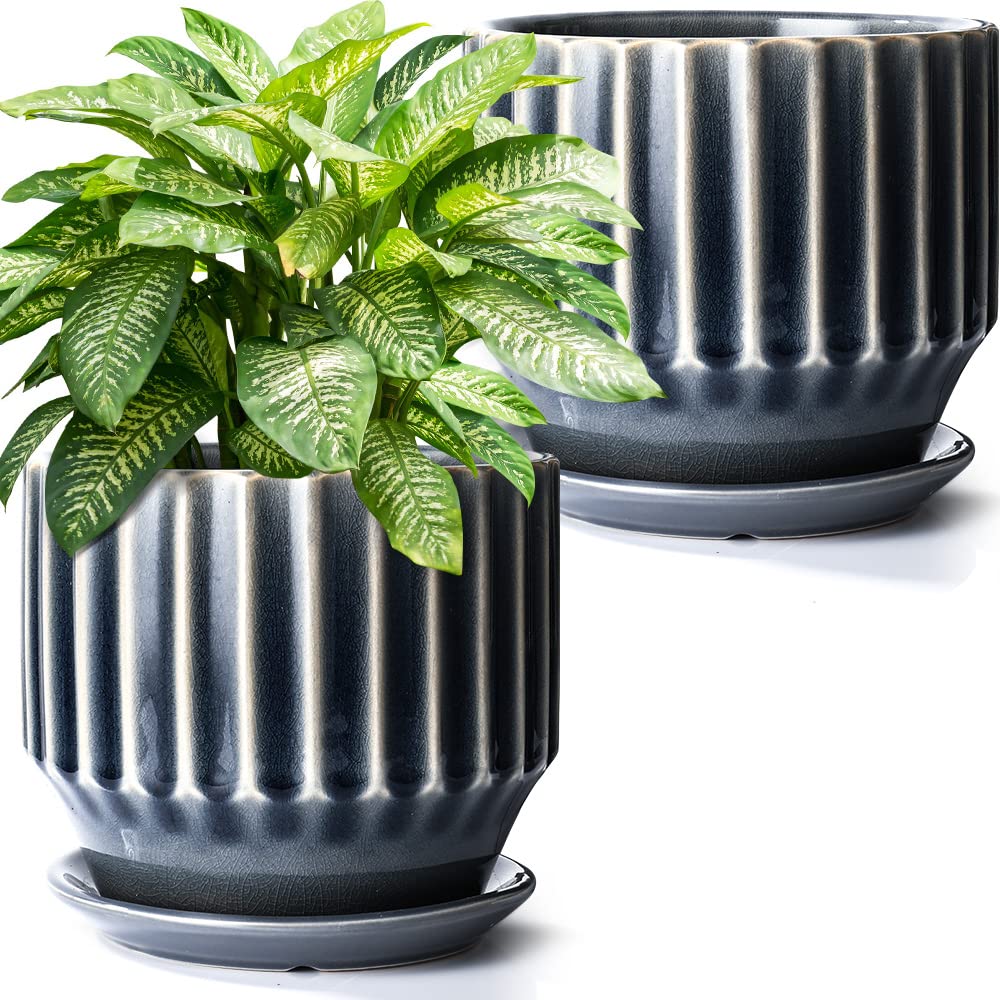 AISBUGUR front view of two grey-blue ceramic pots showing elegant shape and finish