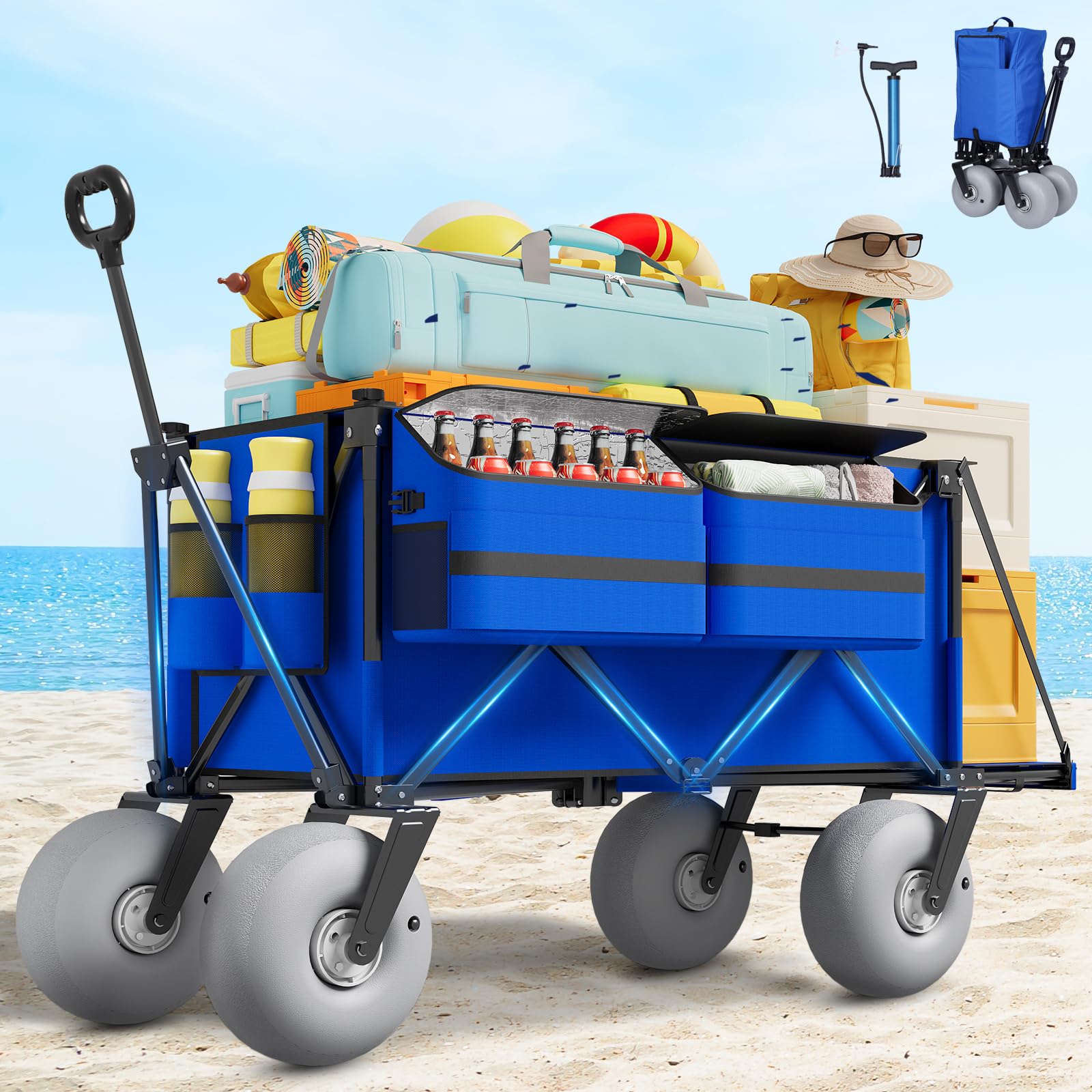 Aisdan front view showing folded and unfolded wagon for compact storage