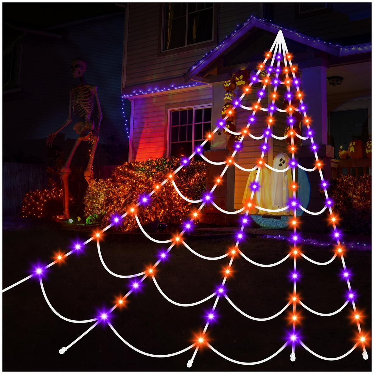 Aitbay full spider web hung on house showcasing dramatic Halloween lighting