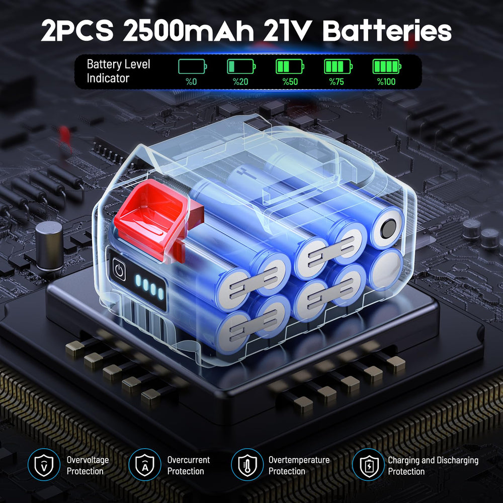 Aiuca dual 21V 2500mAh batteries and fast charger demonstrating longer runtime