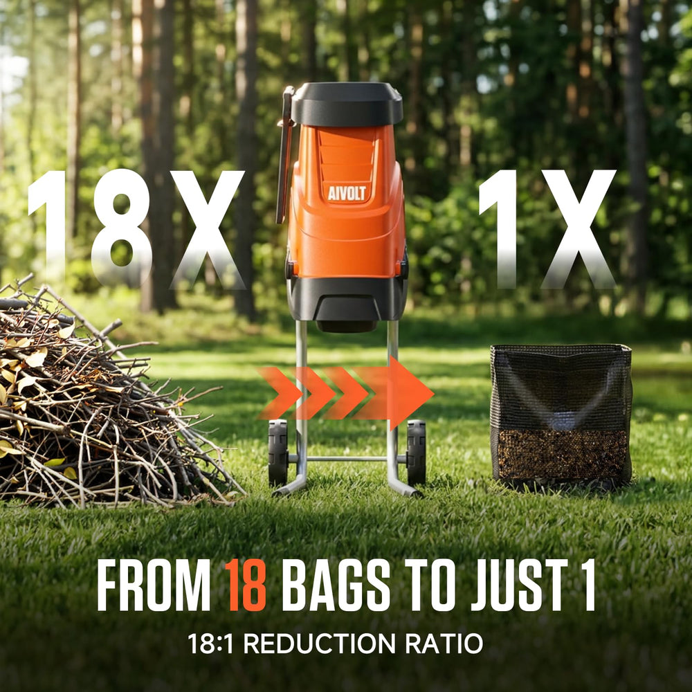 AIVOLT chipper in use on yard turning branches into mulch