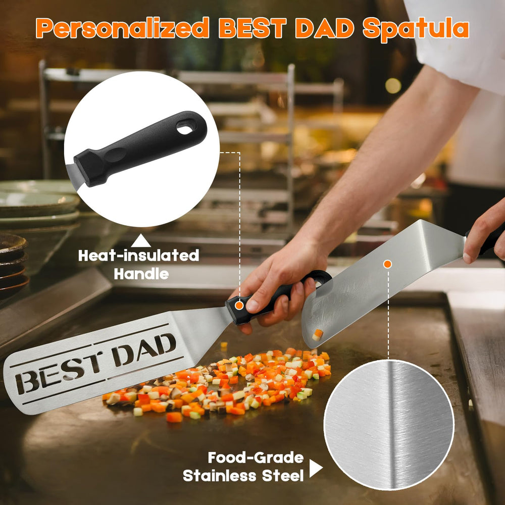 AIYNND close-up of "BEST DAD" spatula highlighting engraving and sturdy stainless steel