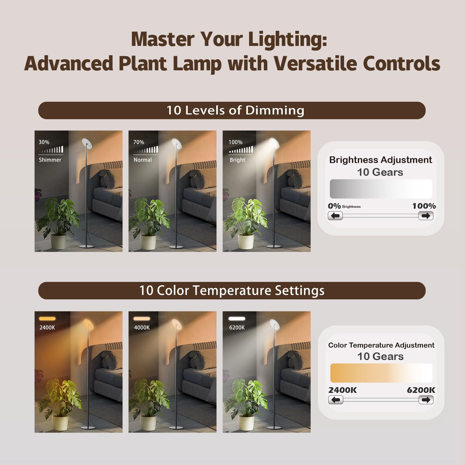 AJABotanics height adjustment scale showing versatile 22–85 inch settings for tall plants