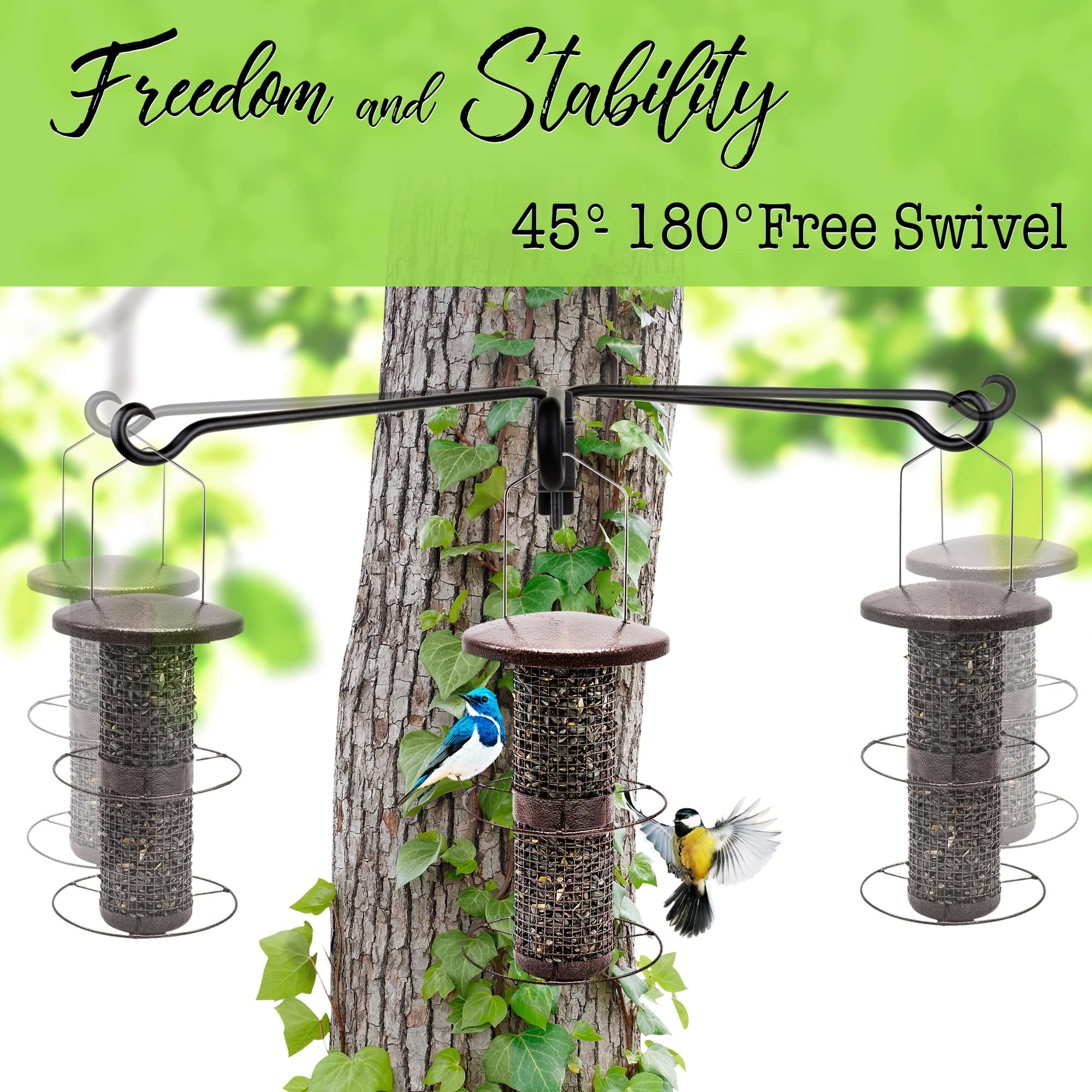 AJART hook in garden holding hummingbird feeder illustrating easy access
