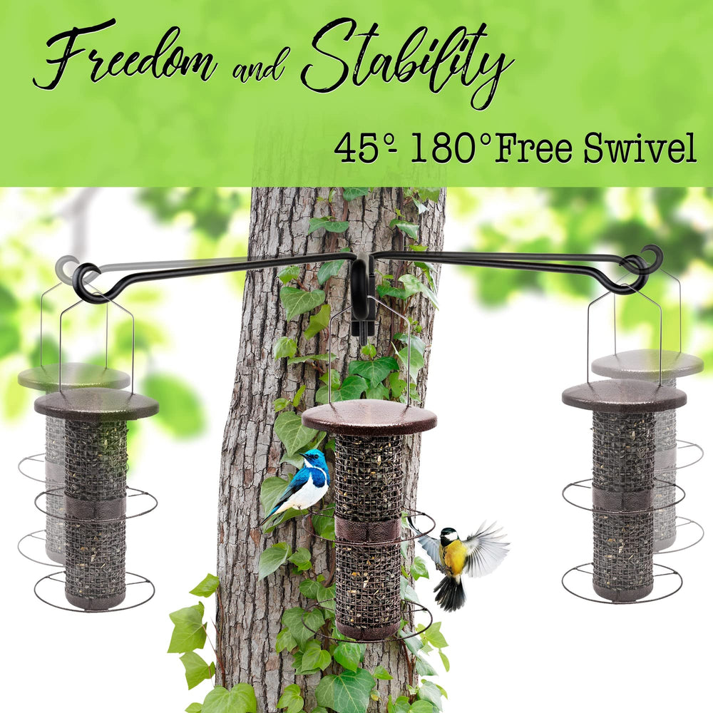 AJART hook in garden holding hummingbird feeder illustrating easy access