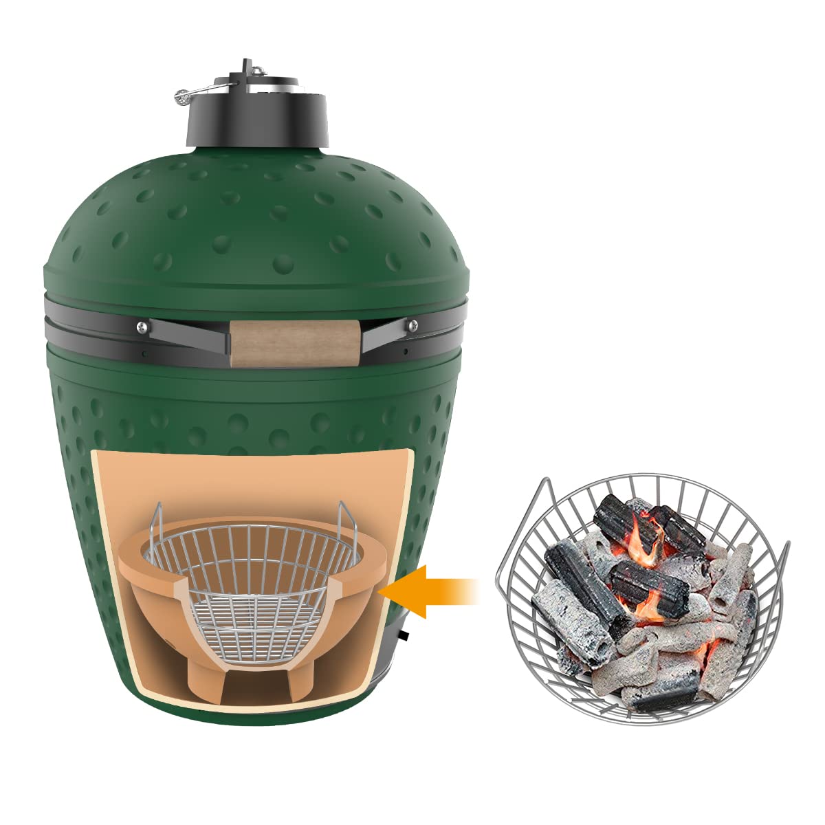AJinTeby basket installed in a Big Green Egg improving ash containment and airflow