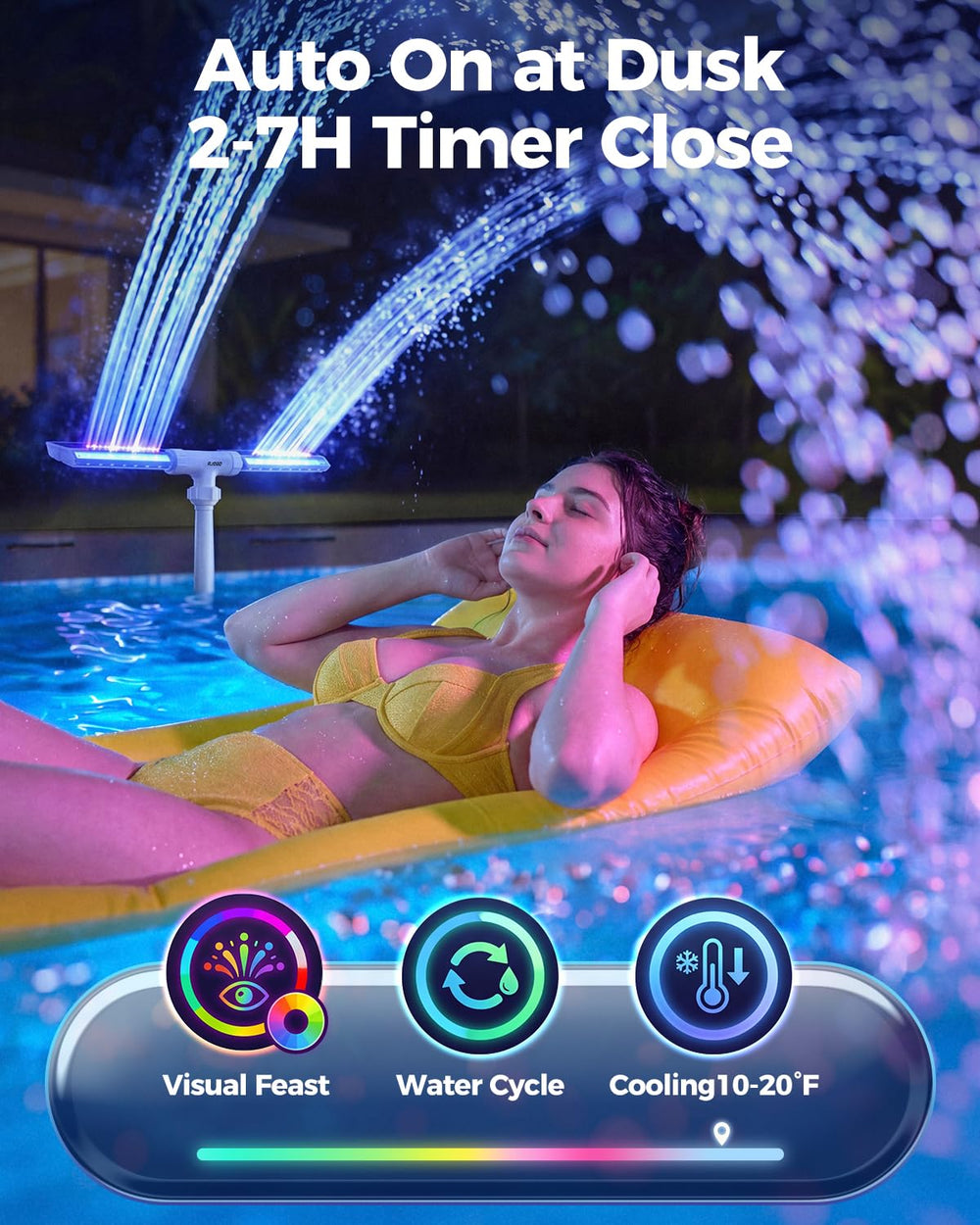 AJOGO dual fountain heads angled close-up, allows adjustable spray patterns