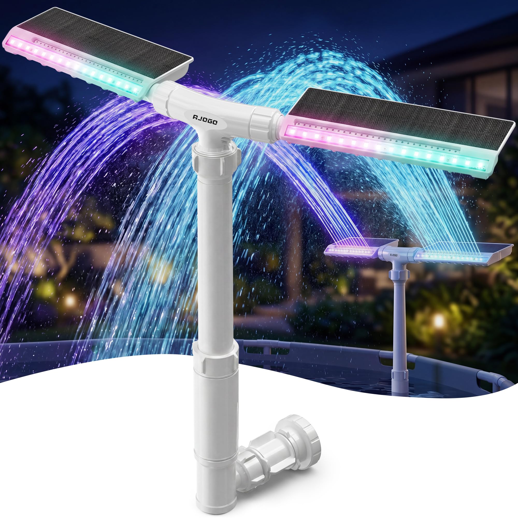 AJOGO floating fountain front view showing lights and shape, enhances pool ambiance