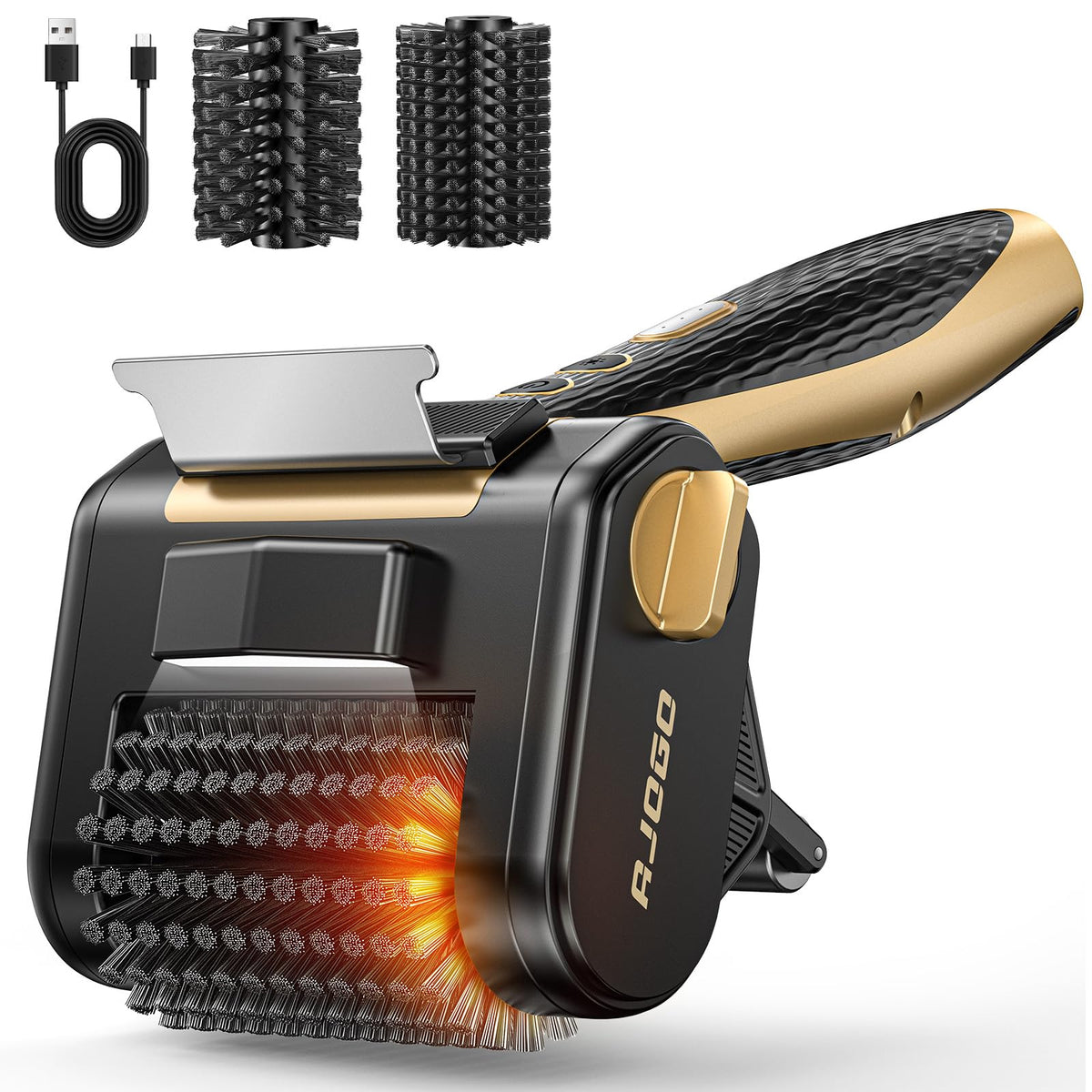 AJOGO gold cordless brush front packaging showing tool and accessories for quick identification