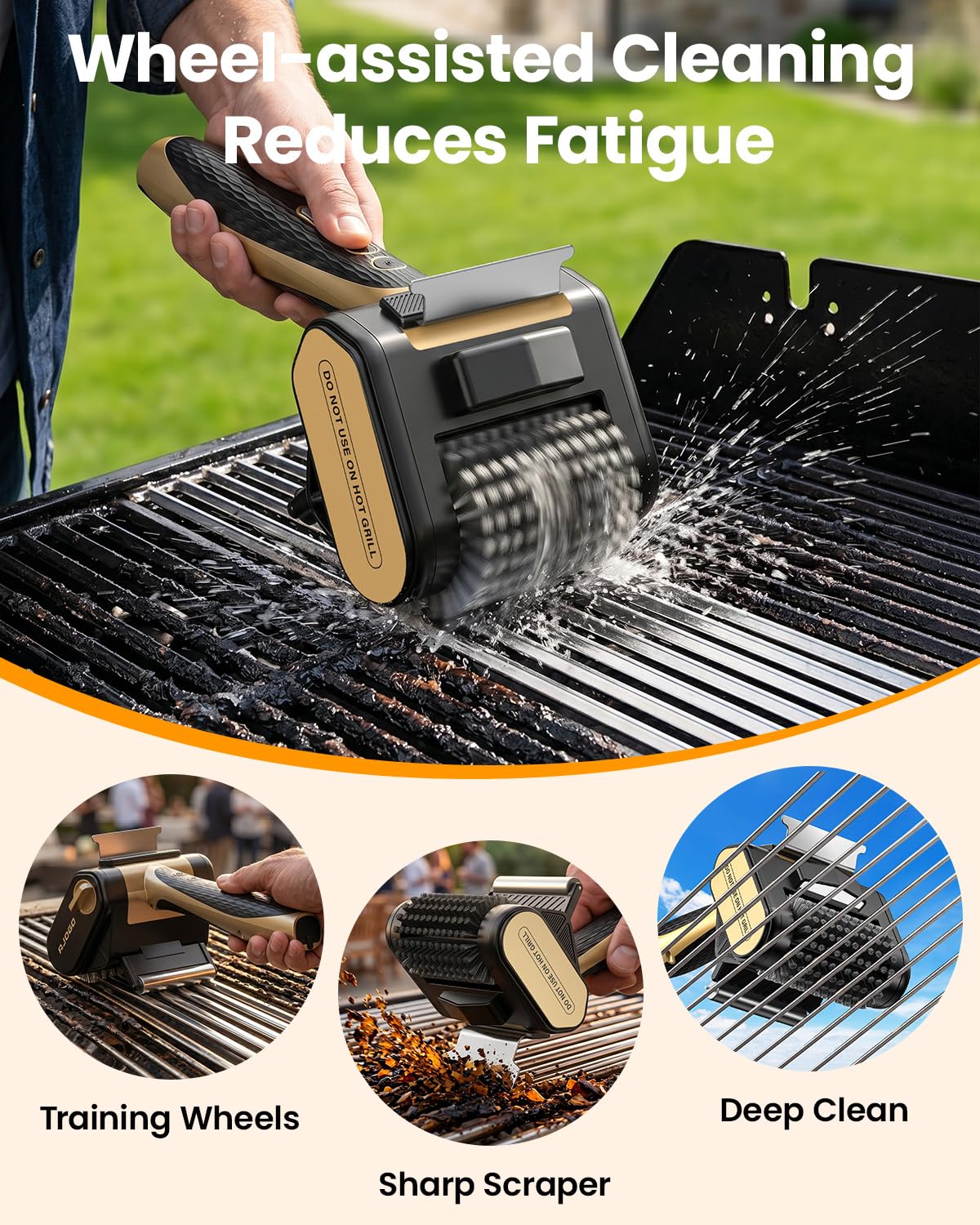 AJOGO brush used at a backyard barbecue for quicker post-cook cleanup
