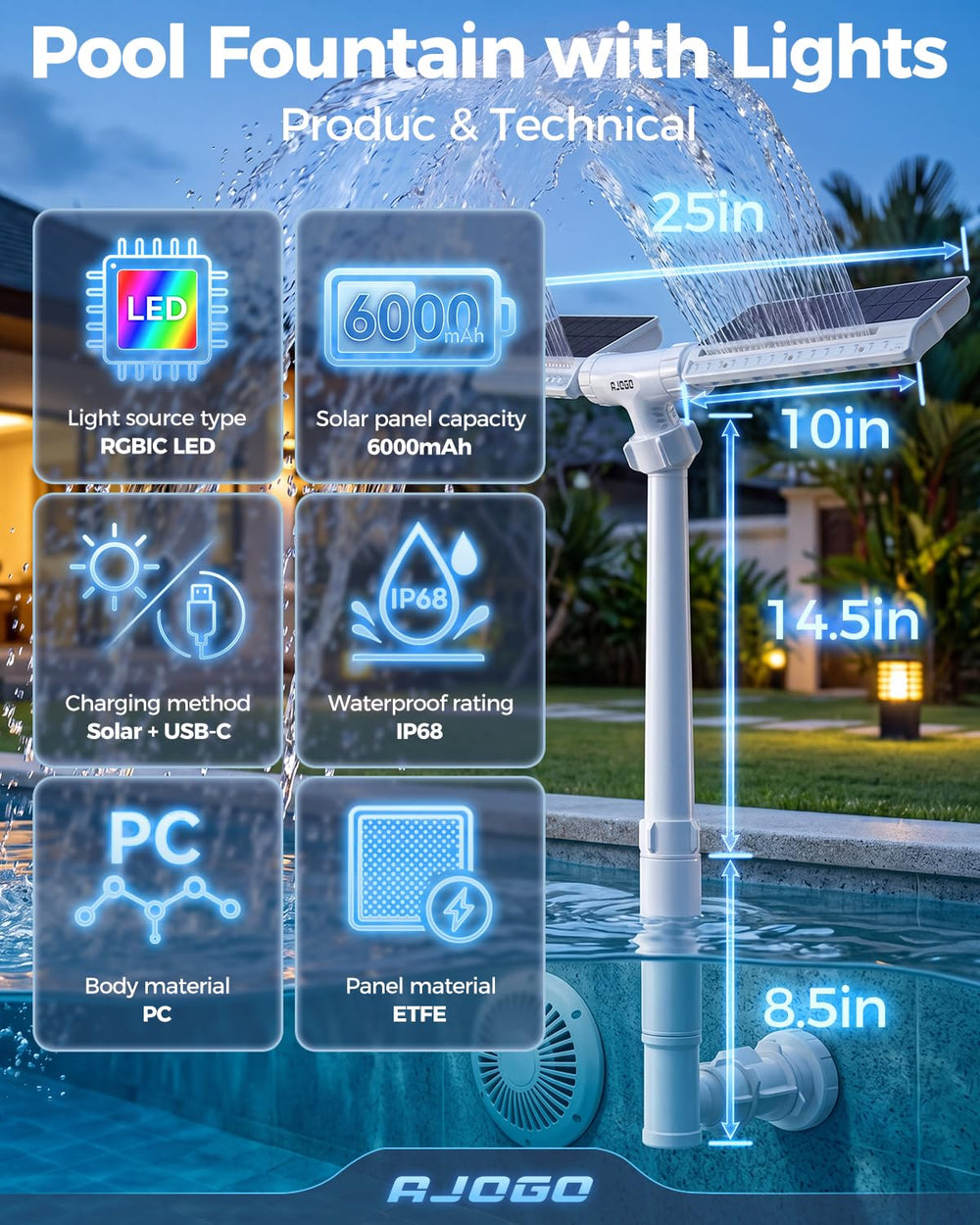 AJOGO in-pool evening lifestyle shot with lit water feature, improves backyard mood