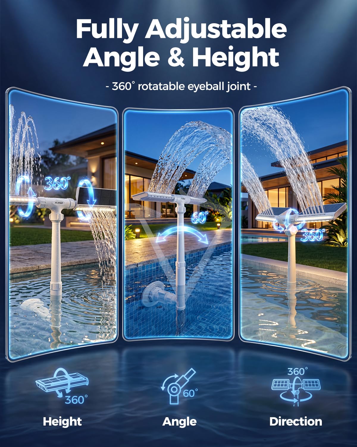 AJOGO fountain beside a hand for scale, clarifies compact portable size