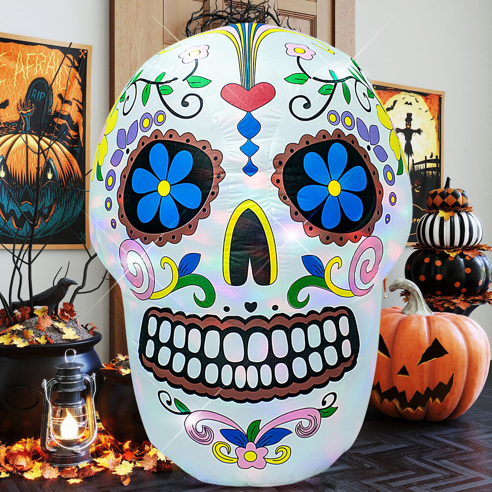 AJY skull lit at night with LED glow attracting attention and ambiance