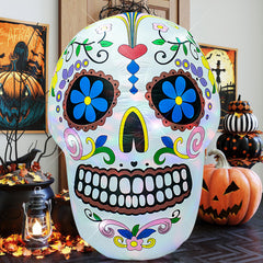 AJY skull lit at night with LED glow attracting attention and ambiance