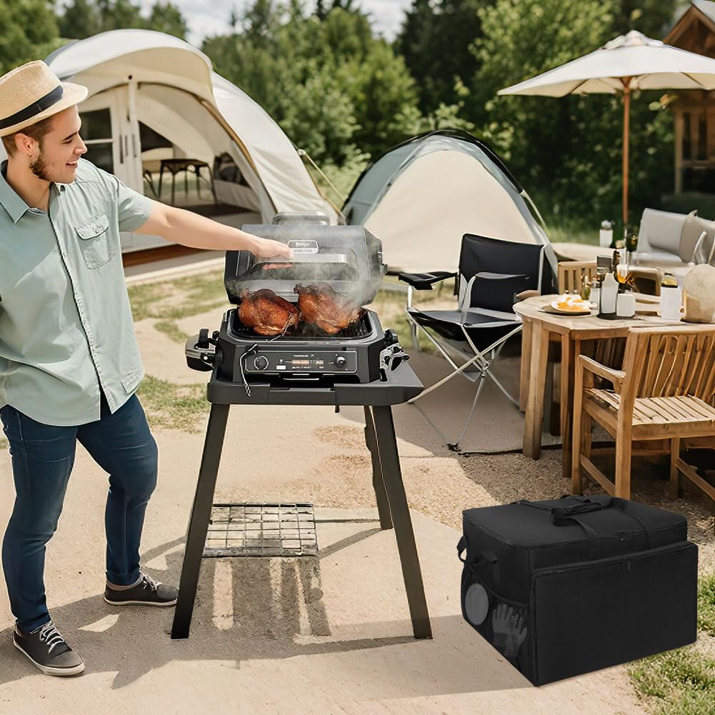 Ajyingasyo grill bag in tailgate setting protecting the grill and keeping gear organized