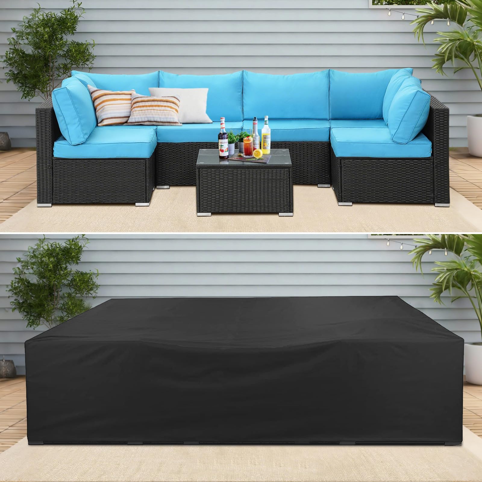 AKEfit cover in use during rain keeping outdoor furniture dry and protected
