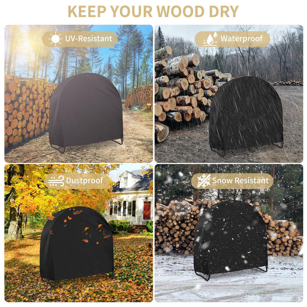 AKEfit cover beside stacked firewood showing size fit and storage convenience