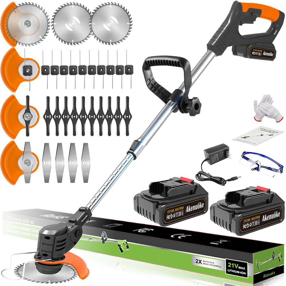 Akenuoke front view of cordless weed wacker showing compact design and controls for easy handling