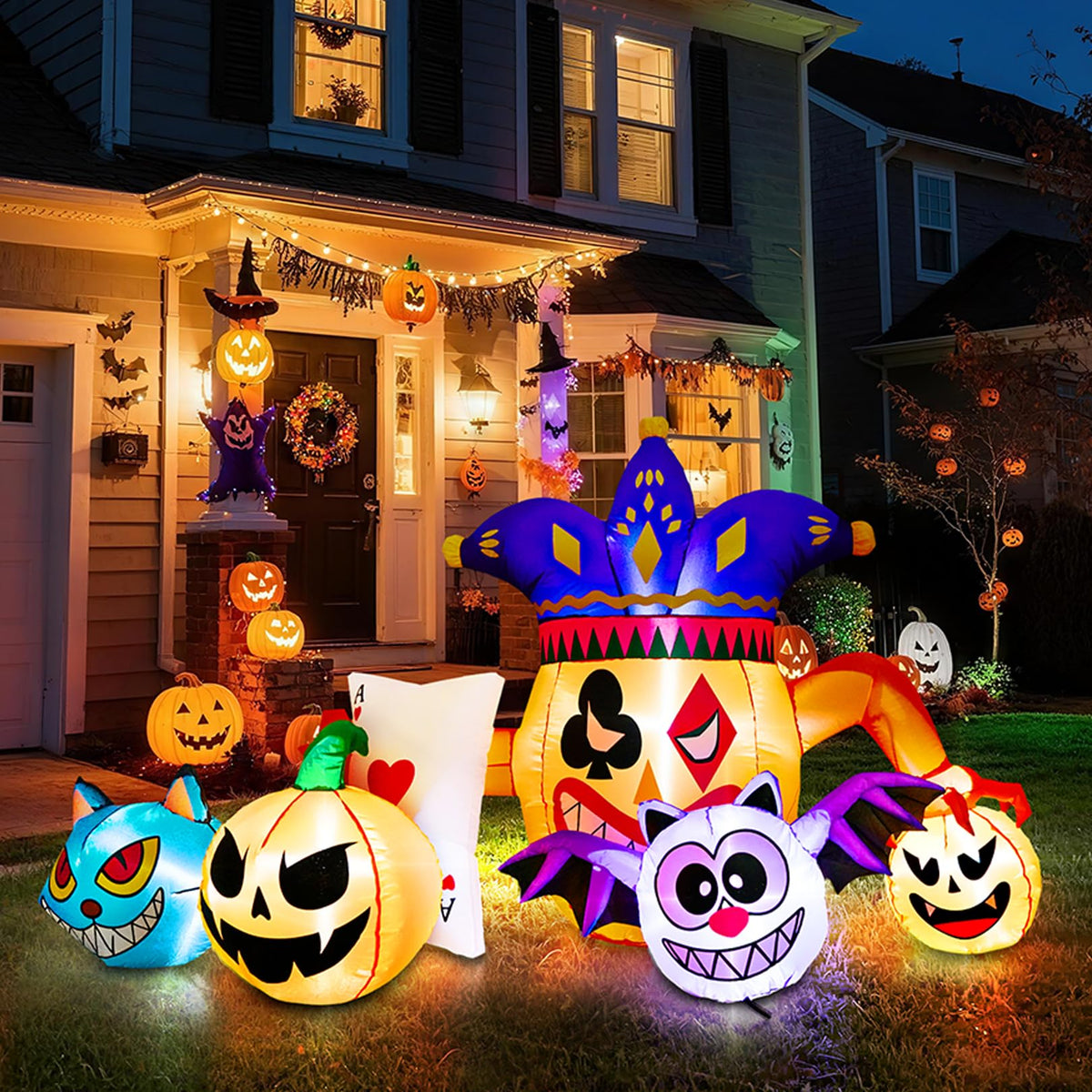 AKEYDIY front view of pumpkin cat bat clown combo lit and visible for curb appeal