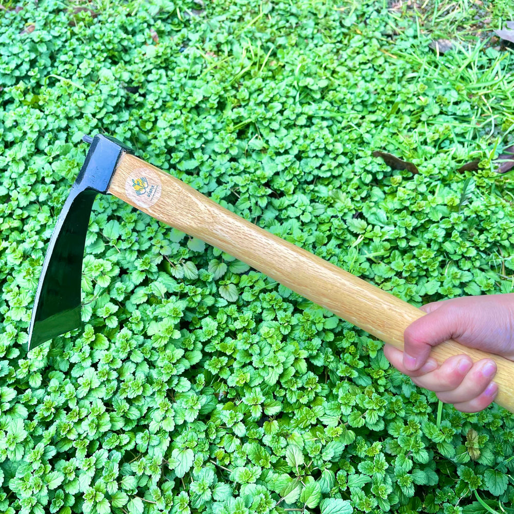 alanx hoe in raised bed illustrating efficient soil moving and bed shaping