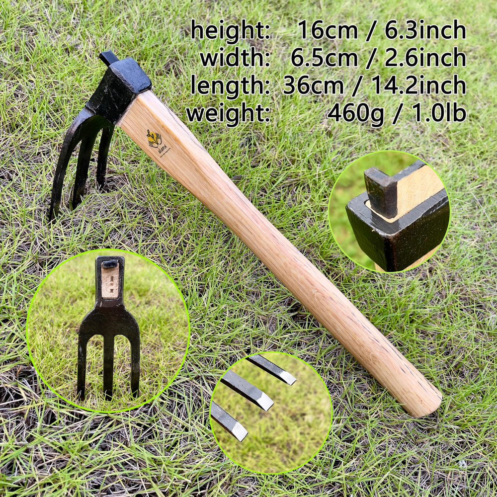 alanx close-up of three tines highlighting sturdy edges that chop roots effectively