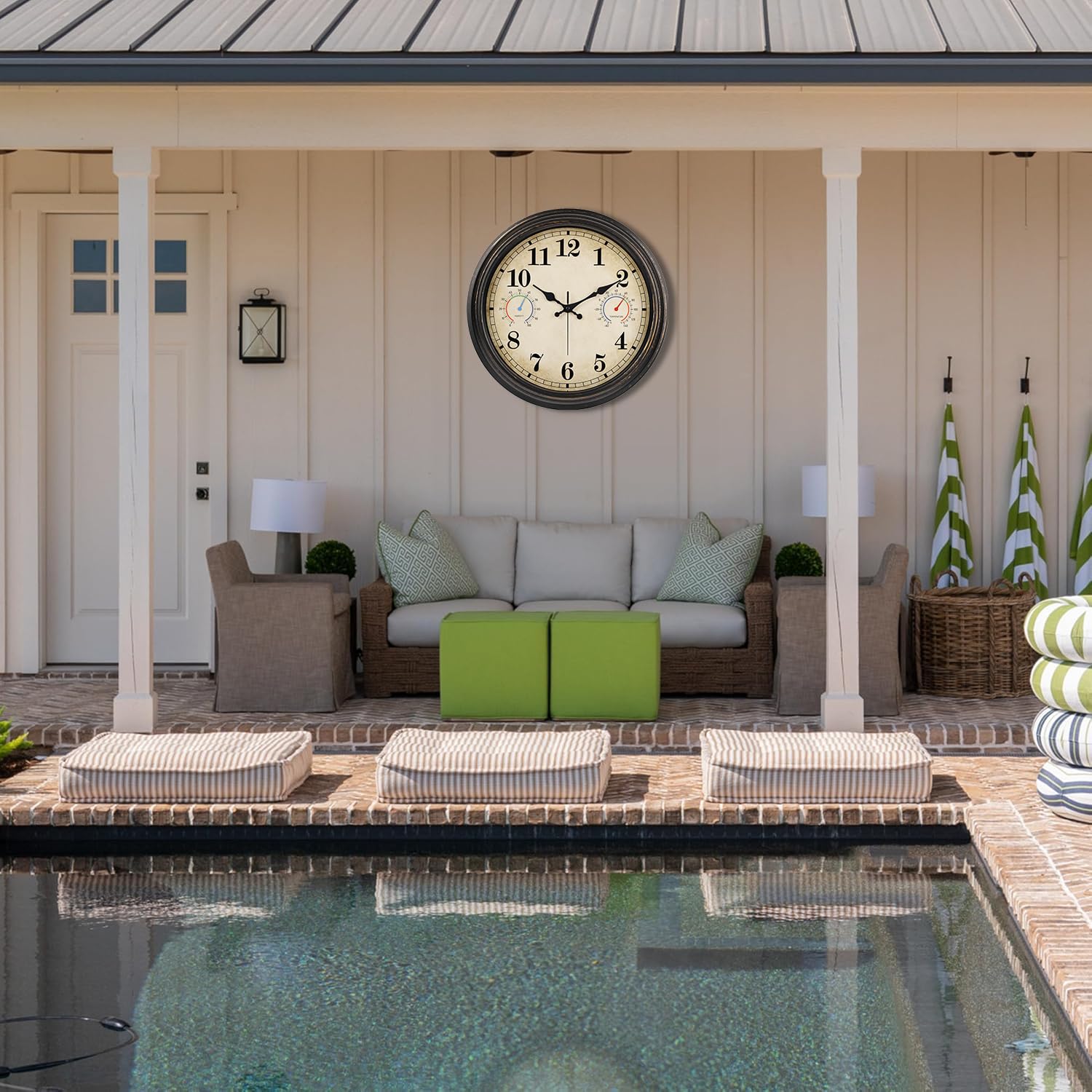 Alarllok clock on garden wall enhancing outdoor decor while helping monitor microclimate for plants