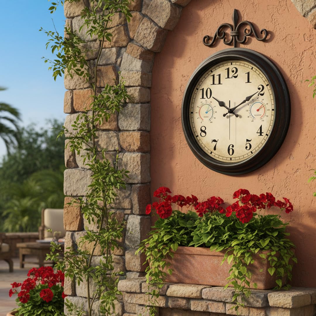 Alarllok clock mounted on patio wall illustrating decorative appeal and weather information outdoors