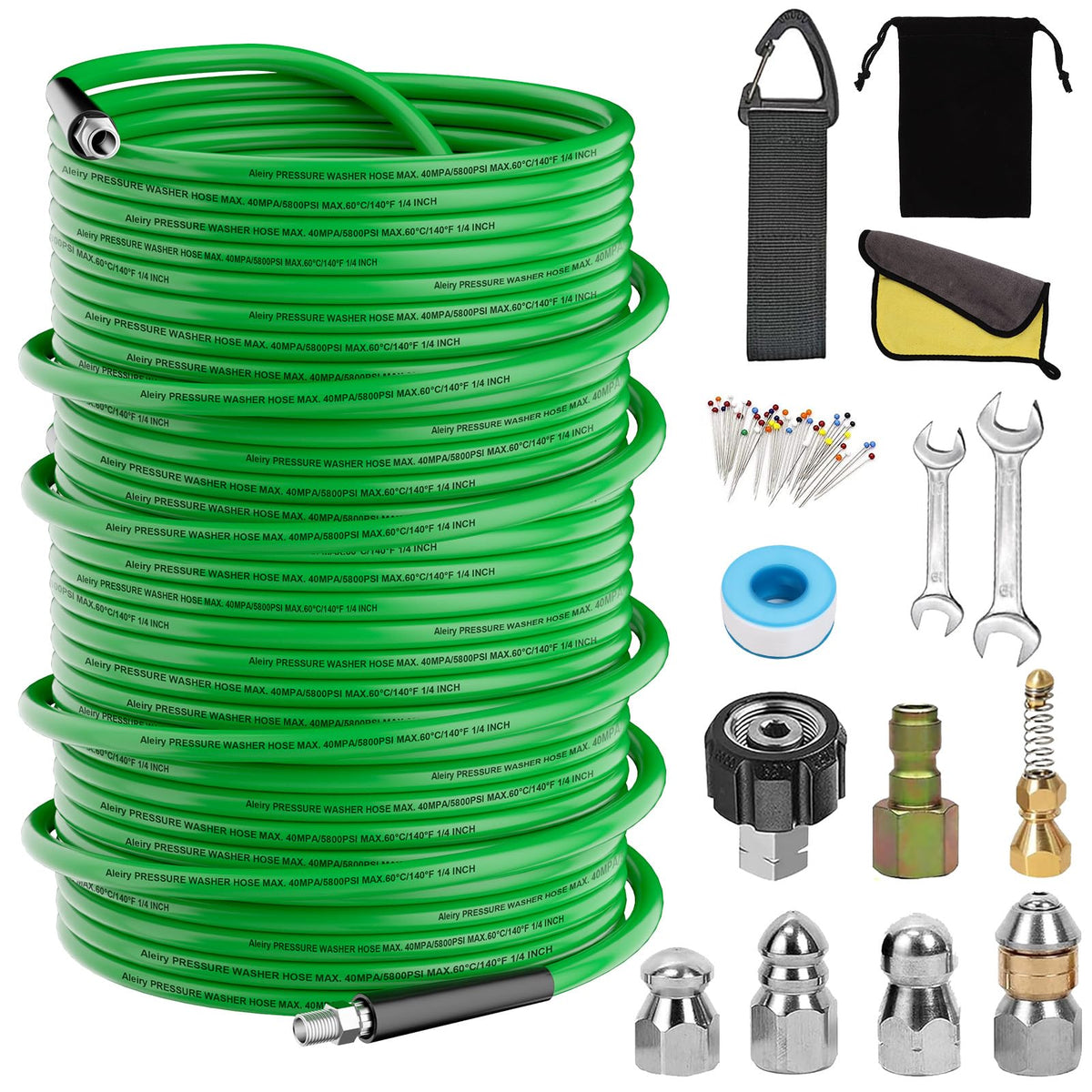 Aleiry front packaging showing full sewer jetter kit and organized components for quick setup