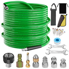 Aleiry front view of full sewer jetter kit showing components and ready-to-use benefit