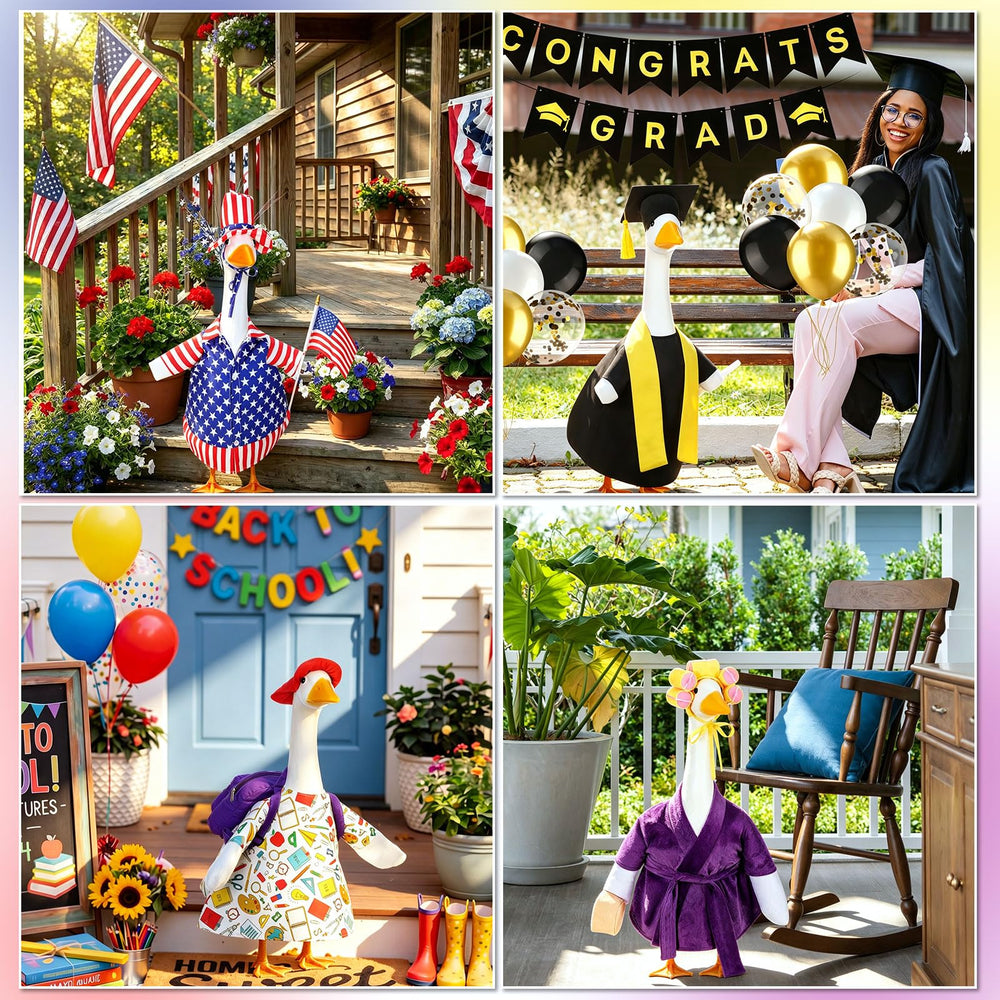 Aliceset several costumes styled on porch goose for different holidays, versatile decor inspiration