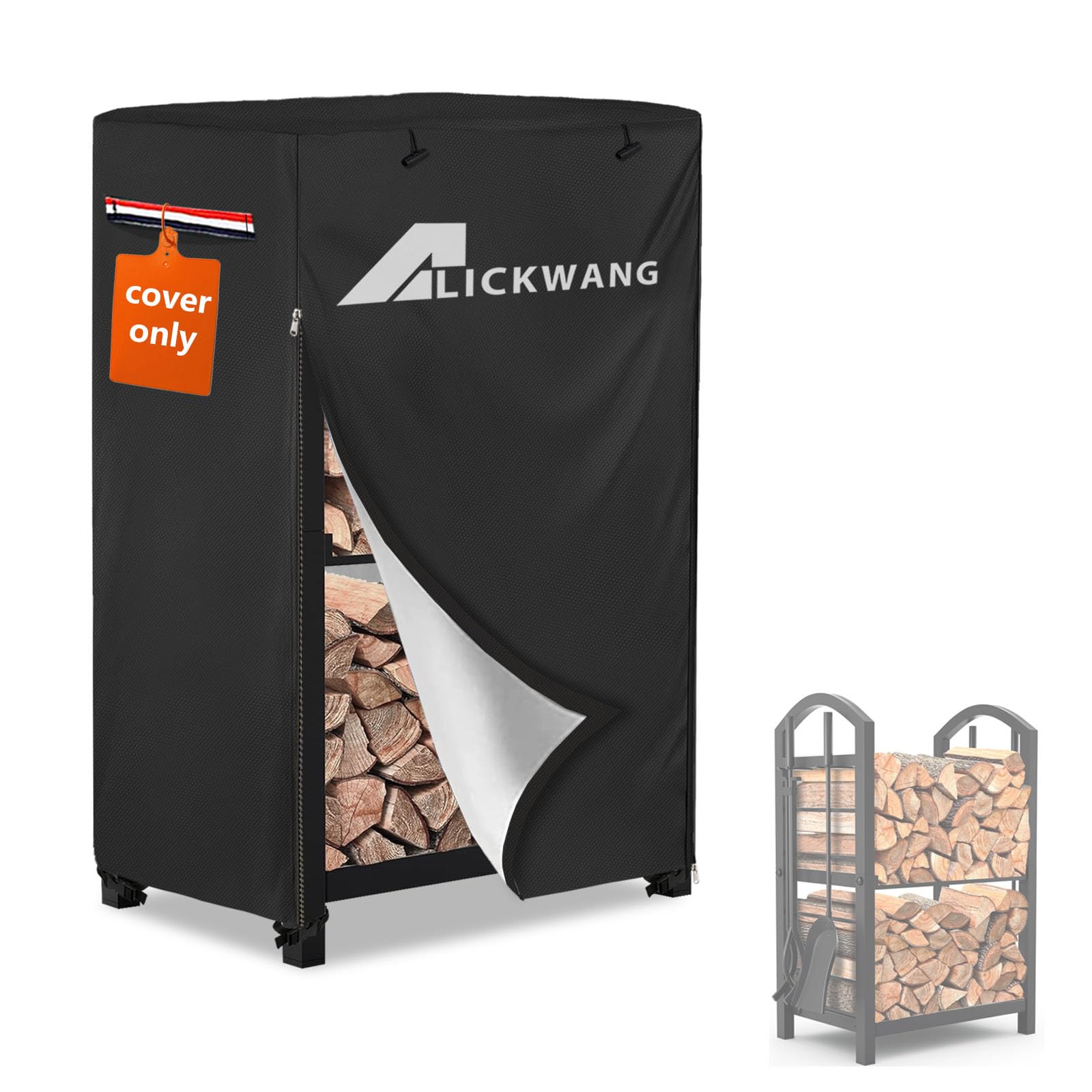 Alickwang front view of cover protecting small log rack, weather protection benefit