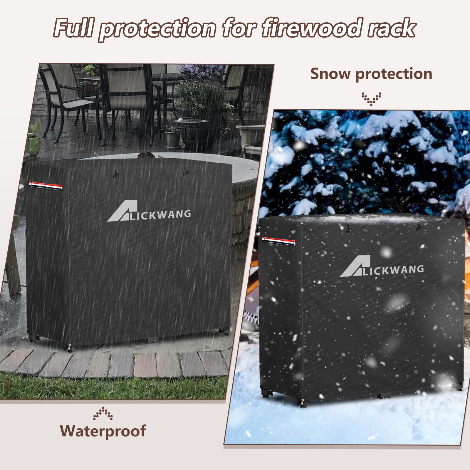 Alickwang installed on wood rack outdoors to shield stacked firewood