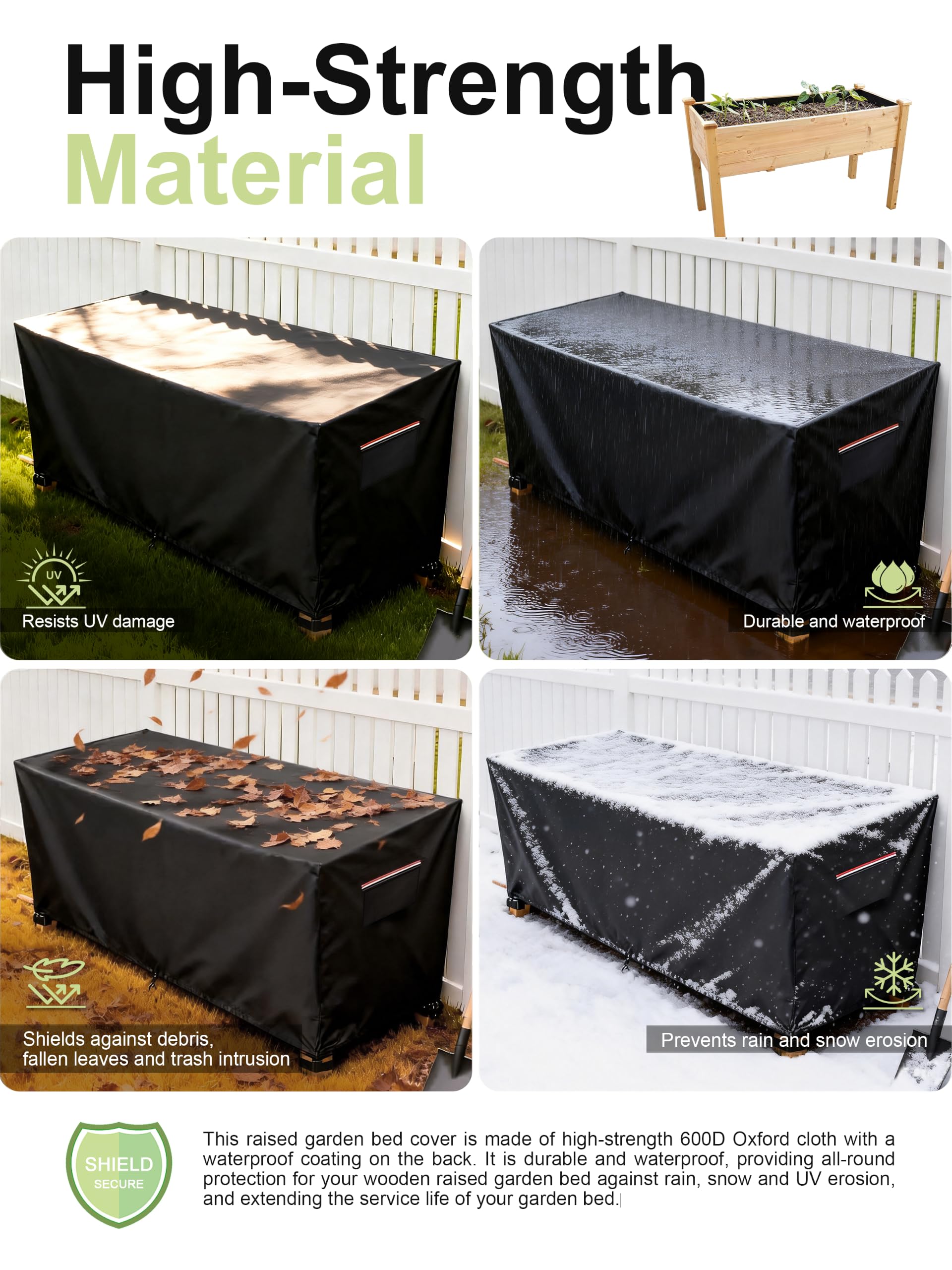 Alickwang cover installed in backyard protecting wooden raised bed from snow