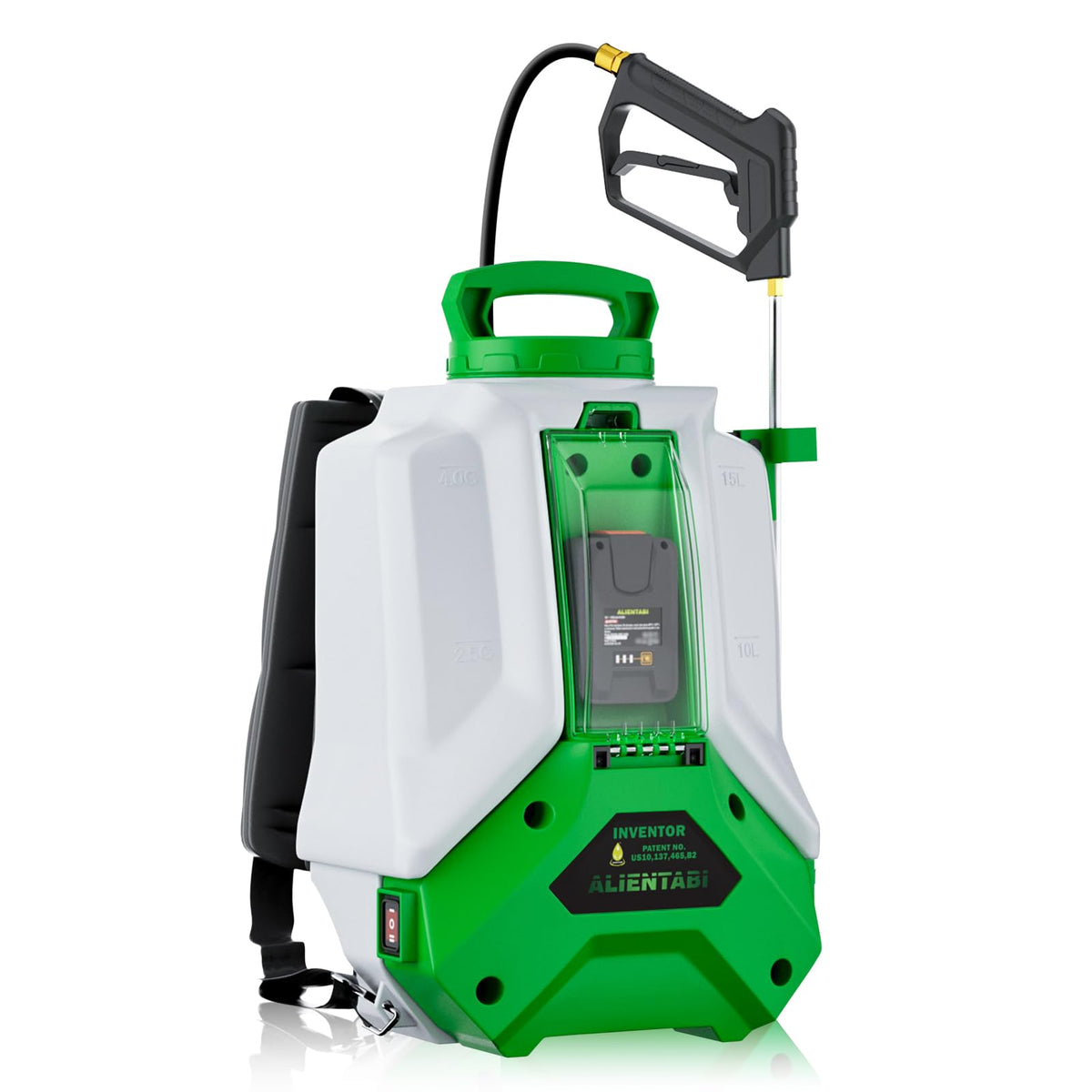 ALIENTABI front view of backpack sprayer showing tank and straps benefit mobility