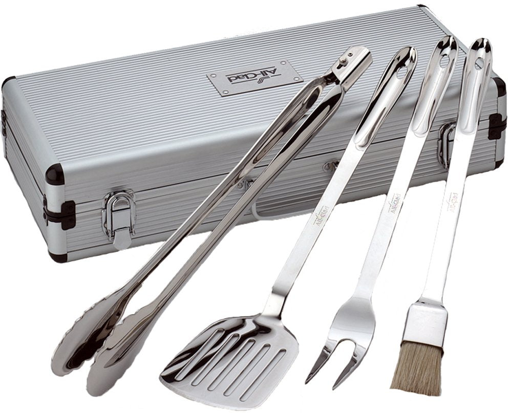 All-Clad front view of 5-piece BBQ tools set showing polished stainless finish and benefit of professional look