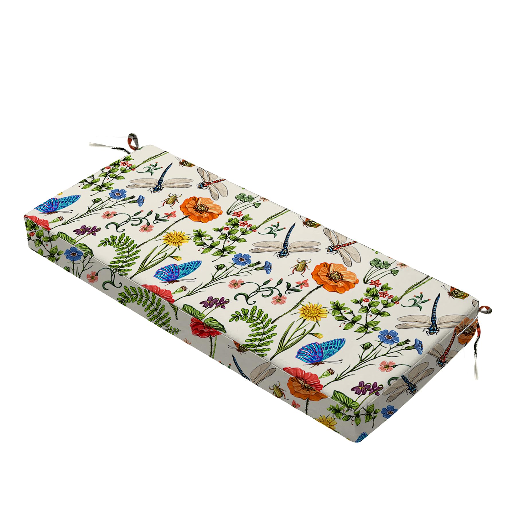 All Smiles front view of bench cushion showing farmhouse floral print and benefits