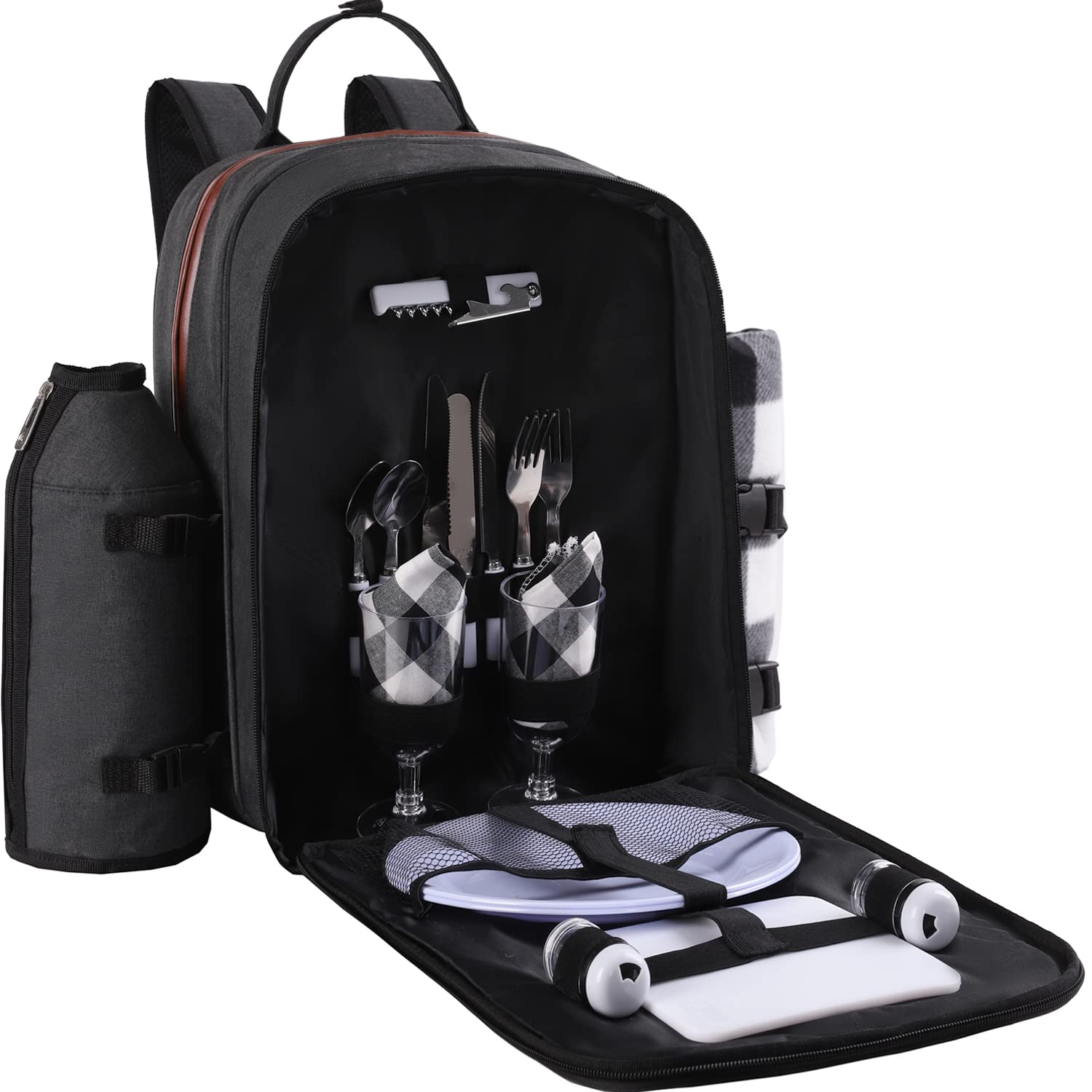 ALLCAMP front view of picnic backpack showing organized pockets and carry handle for portability