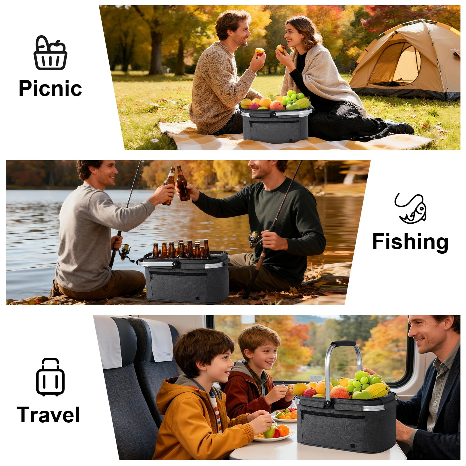 ALLCAMP picnic basket next to a water bottle for size and capacity comparison
