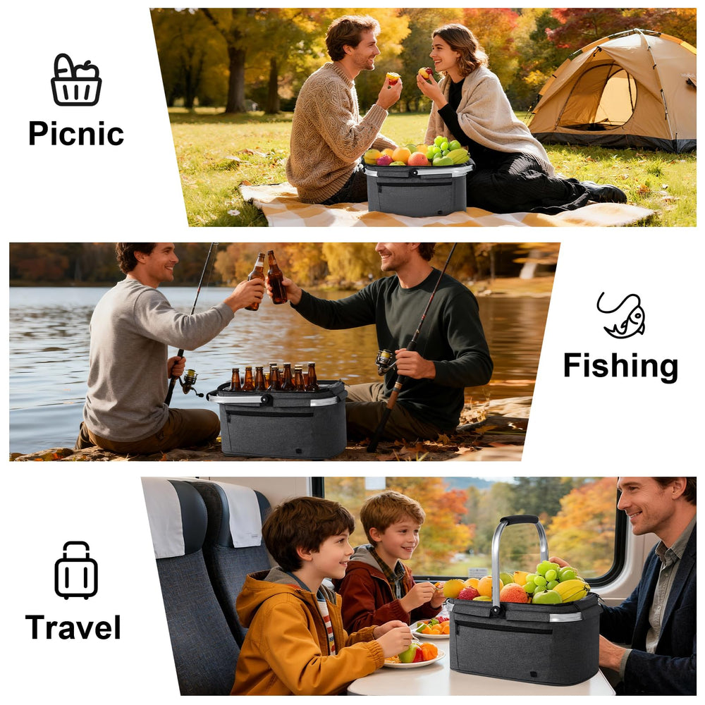 ALLCAMP picnic basket next to a water bottle for size and capacity comparison