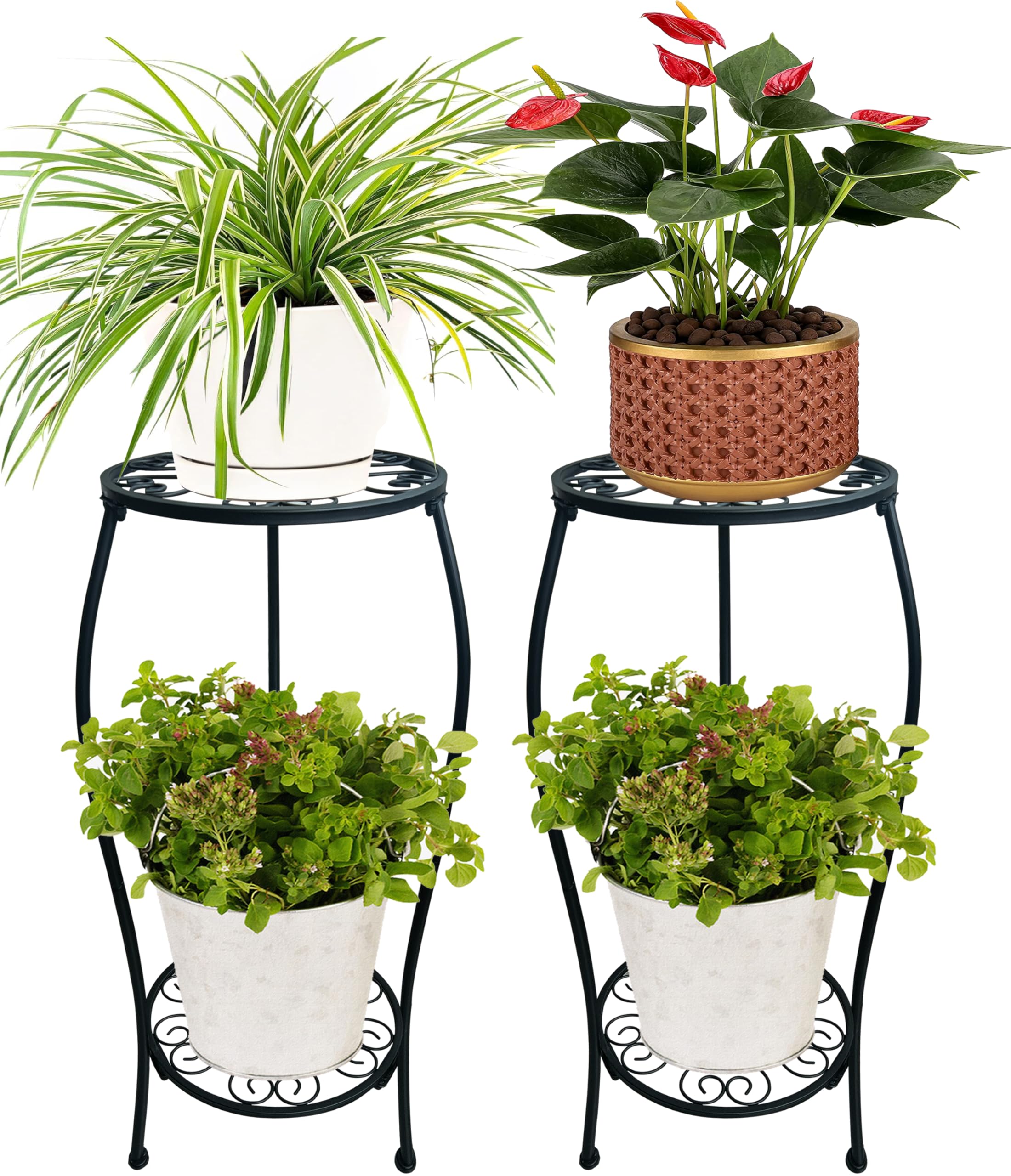 alleegold front view of two plant stands showing sleek black finish and space-saving design
