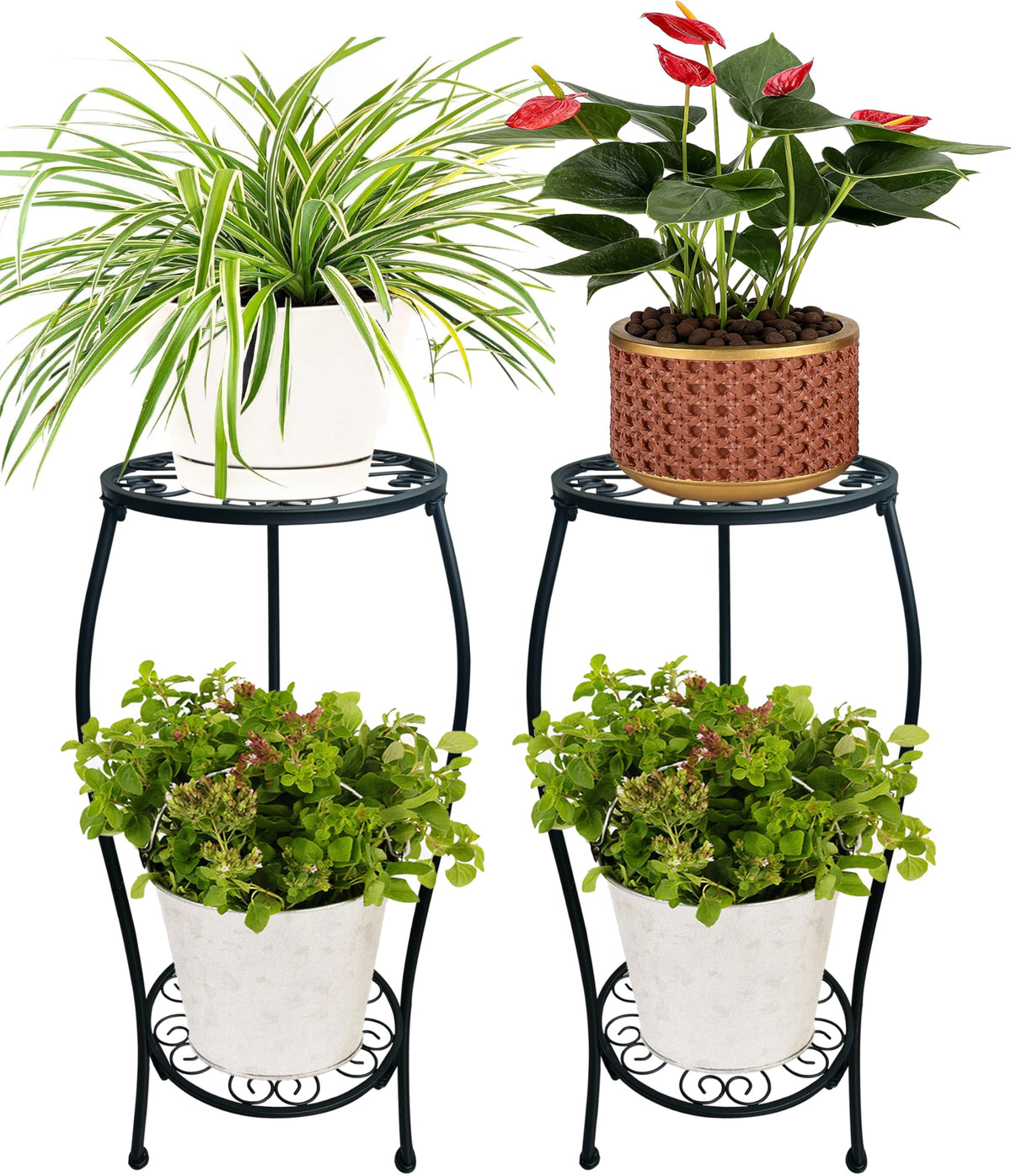 alleegold front view of two plant stands showing sleek black finish and space-saving design