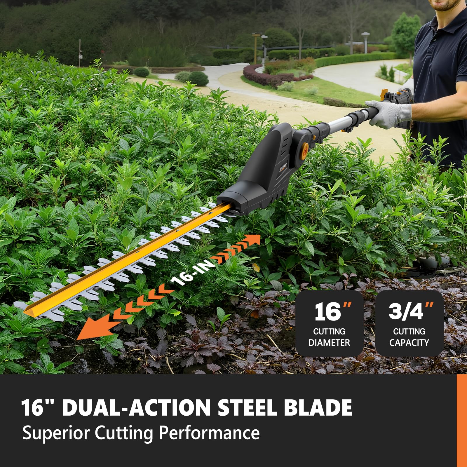 Alloyman close-up of 16-inch dual-action blades for precise hedge shaping