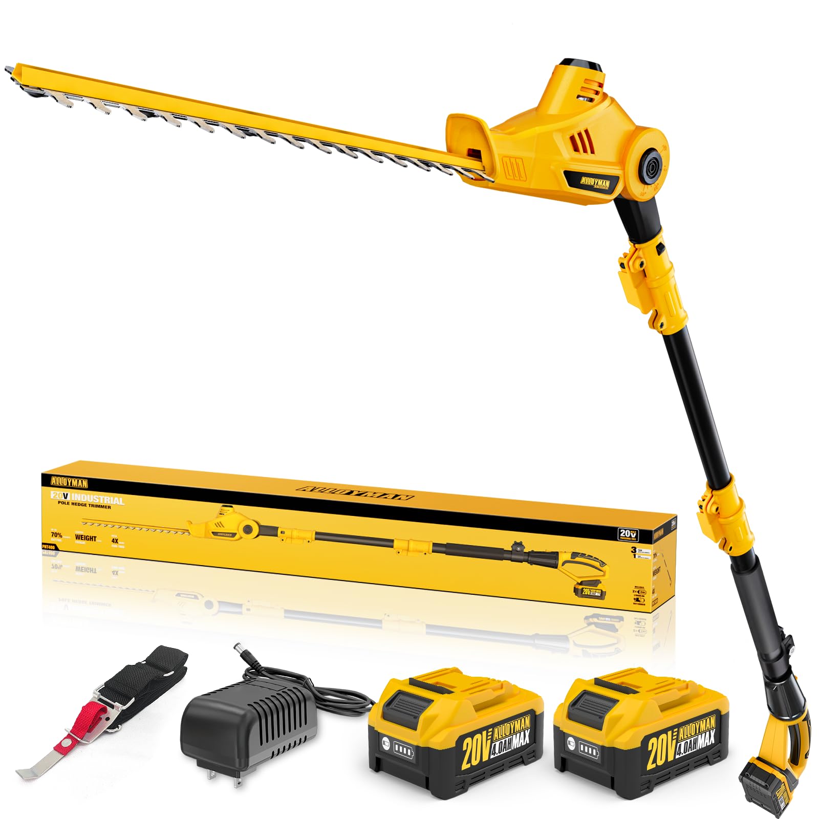 Alloyman pole hedge trimmer front view showing tool balance and reach
