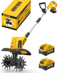 Alloyman front view of cordless tiller showing compact design and maneuverability
